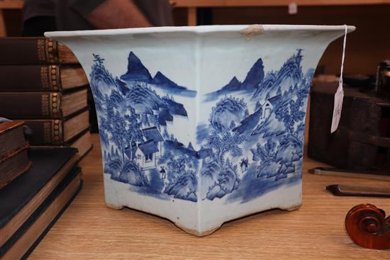 A Chinese blue white hexagonal large flower pot, Qianlong-Jiaqing period length 42cm